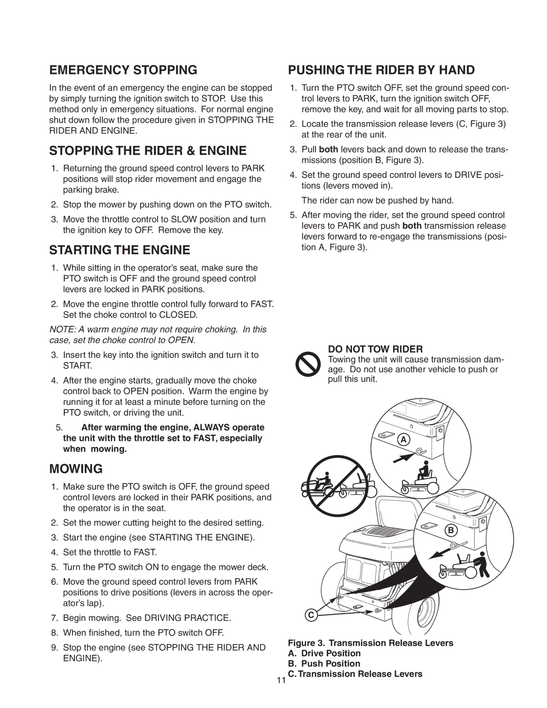 Snapper Z-Mow / 150Z manual Emergency Stopping, Stopping the Rider & Engine, Starting the Engine, Mowing 