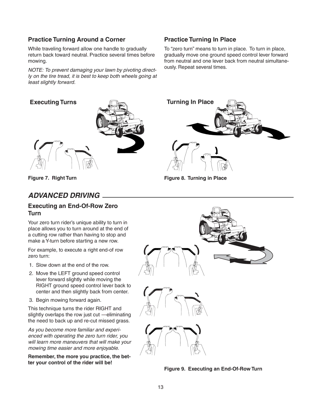 Snapper Z-Mow / 150Z manual Practice Turning Around a Corner, Practice Turning In Place, Executing Turns 