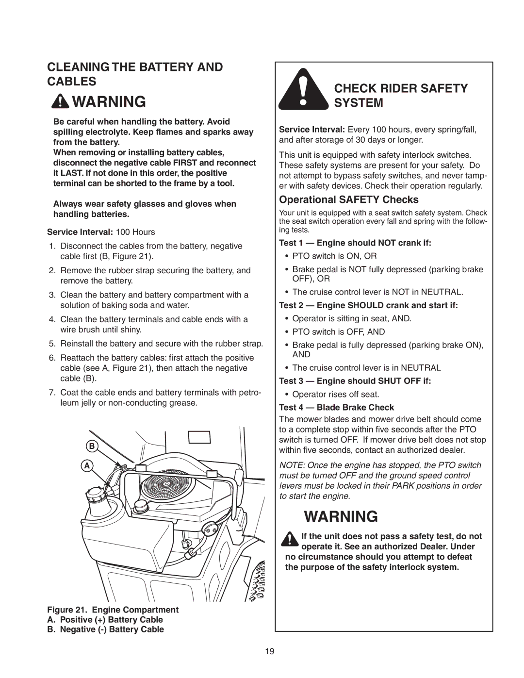 Snapper Z-Mow / 150Z manual Cleaning the Battery and Cables, Check Rider Safety System, Operational Safety Checks 