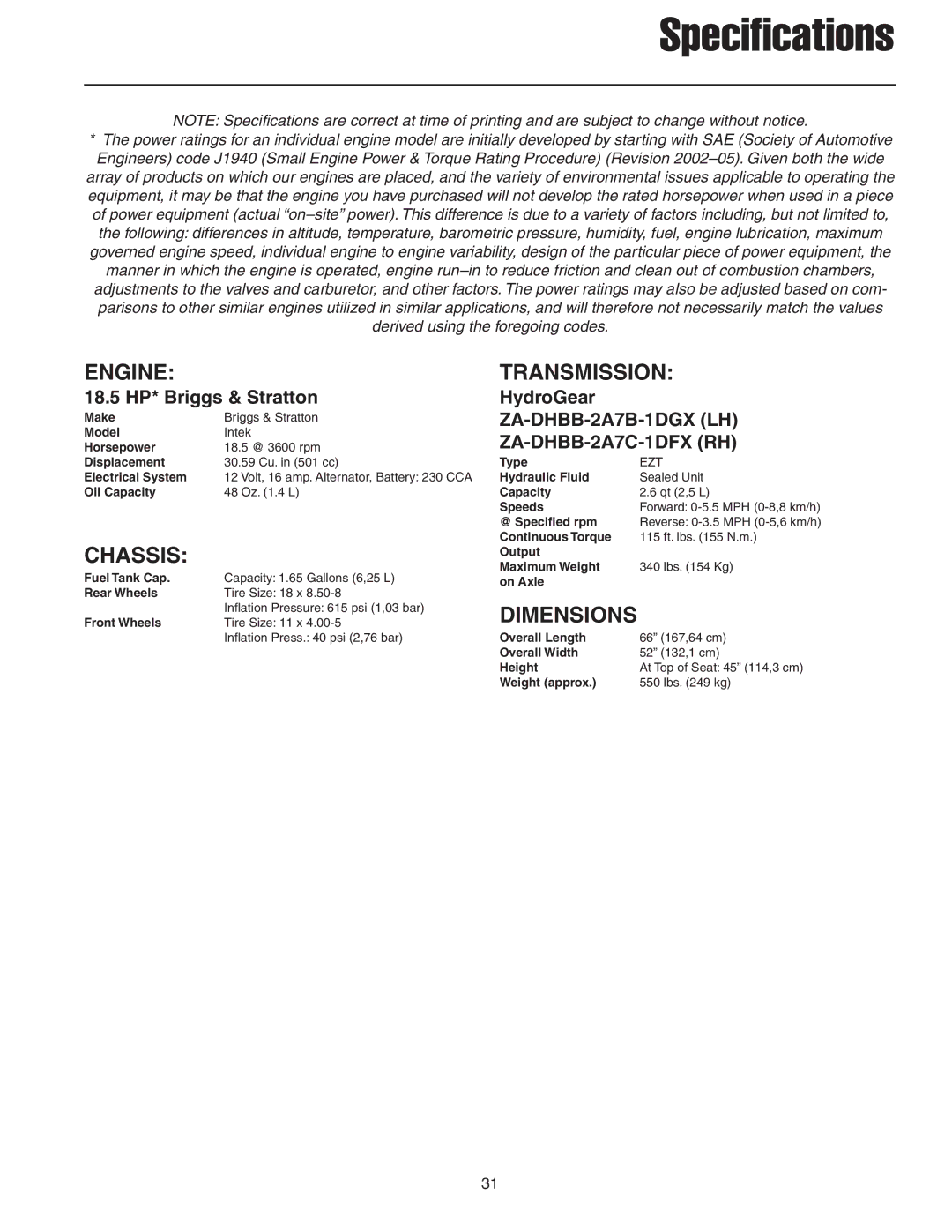 Snapper Z-Mow / 150Z manual Engine, Chassis, Transmission, Dimensions 