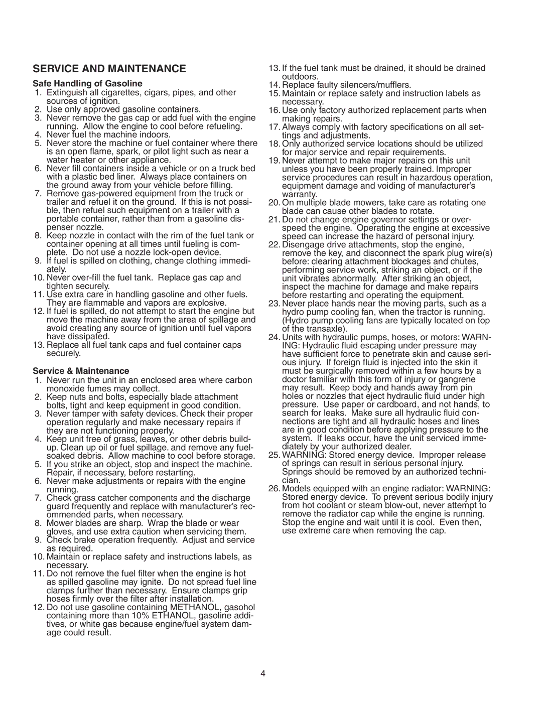 Snapper Z-Mow / 150Z manual Safe Handling of Gasoline, Service & Maintenance 