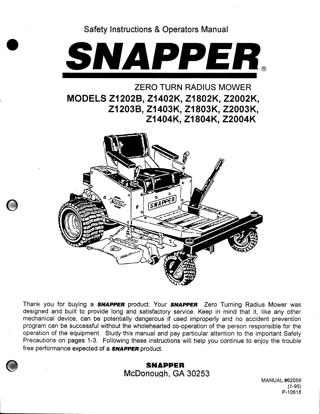 Snapper Z1804K, Z1404K, z2004k manual 