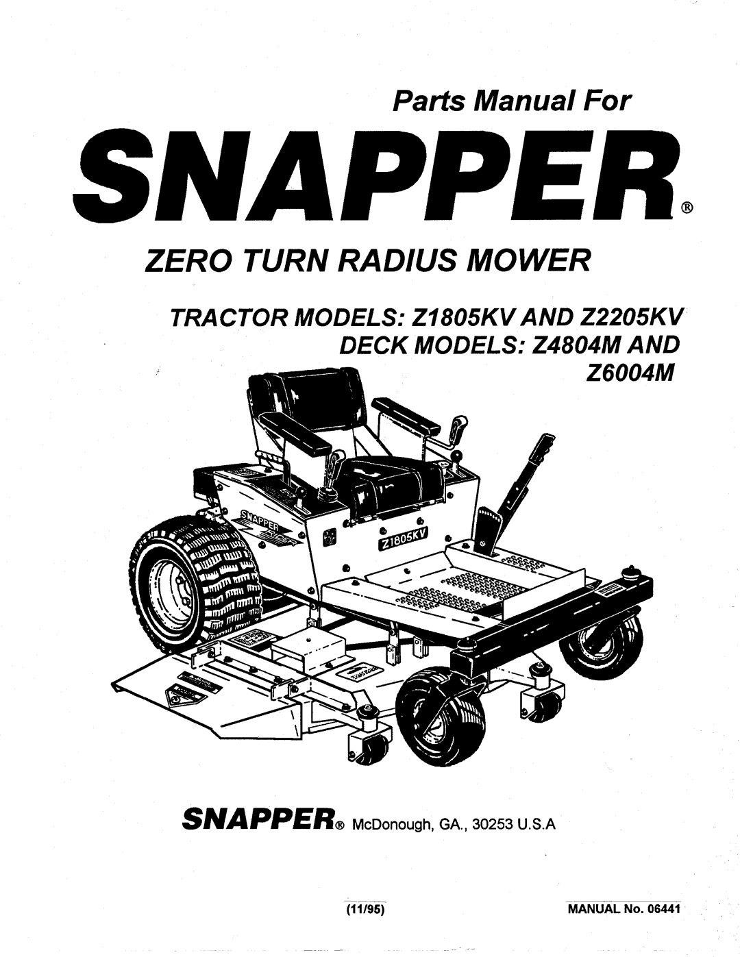 Snapper Z1805KV, Z2205KV manual 