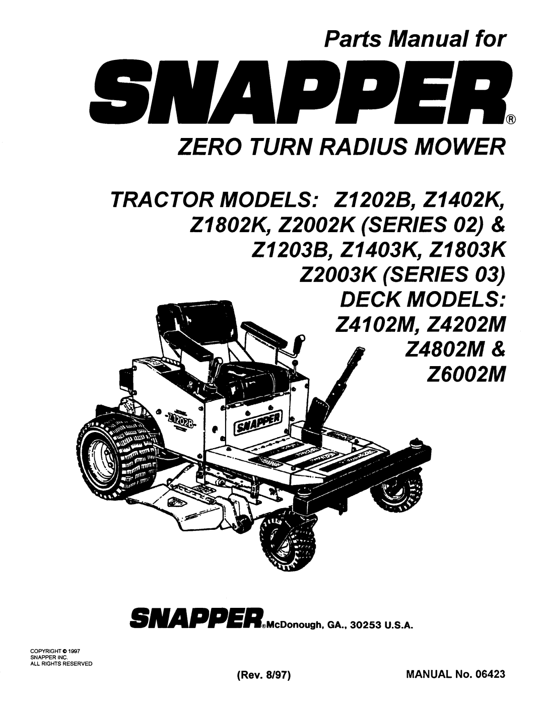 Snapper Z4802M, Z4202M, Z4102M, Z1802K, z2003k, z1403k, Z1203B, Z1202B, Z2003K (Series 03), Z2002K (Series 02), Z1803K manual 