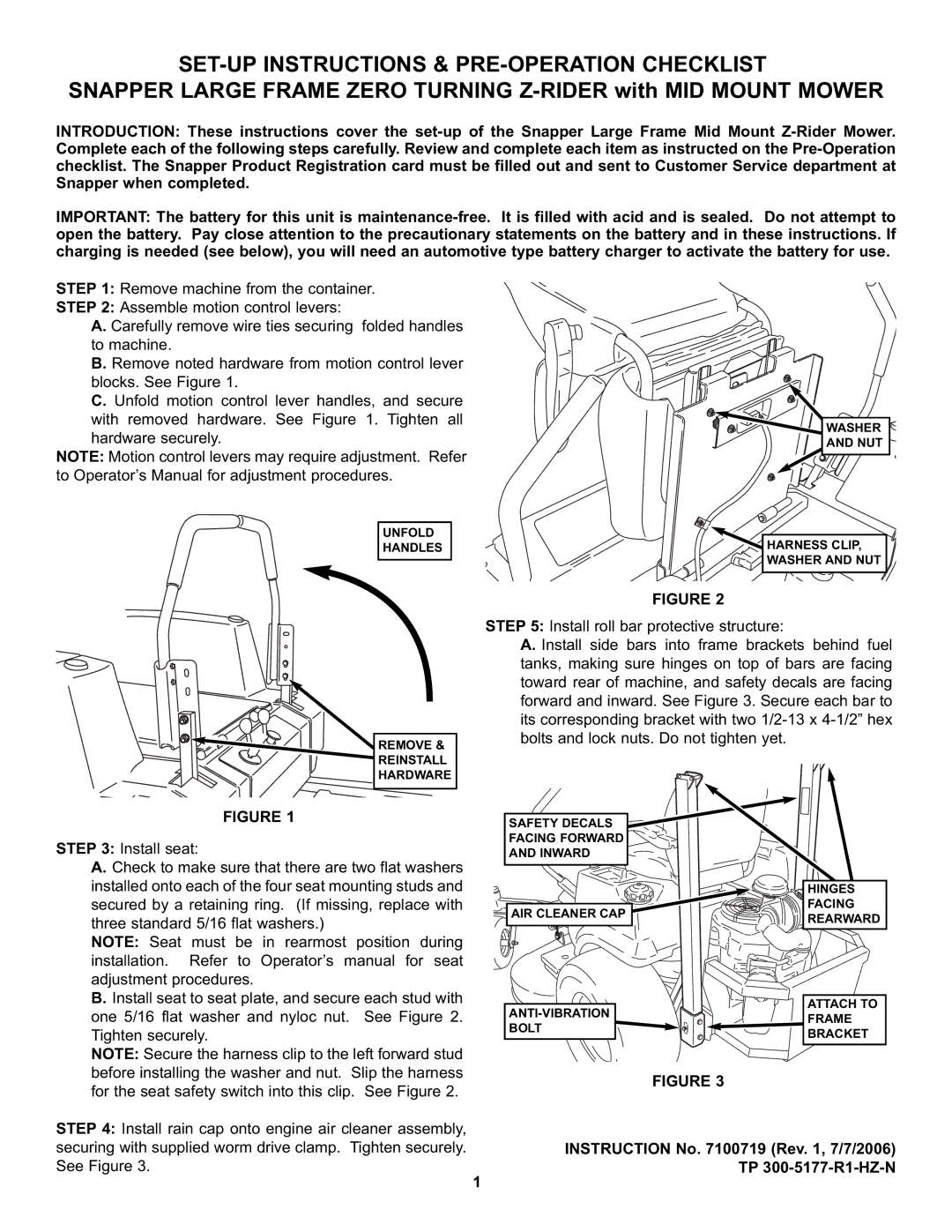 Snapper Zero Turning Z-Riding manual Instruction No Rev , 7/7/2006 TP 300-5177-R1-HZ-N 