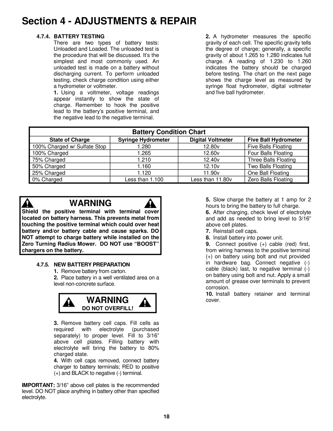 Snapper ZF2500K, ZF2500KH, ZF2200K, ZF5200M, ZF6100M Battery Testing, NEW Battery Preparation, Do not Overfill 