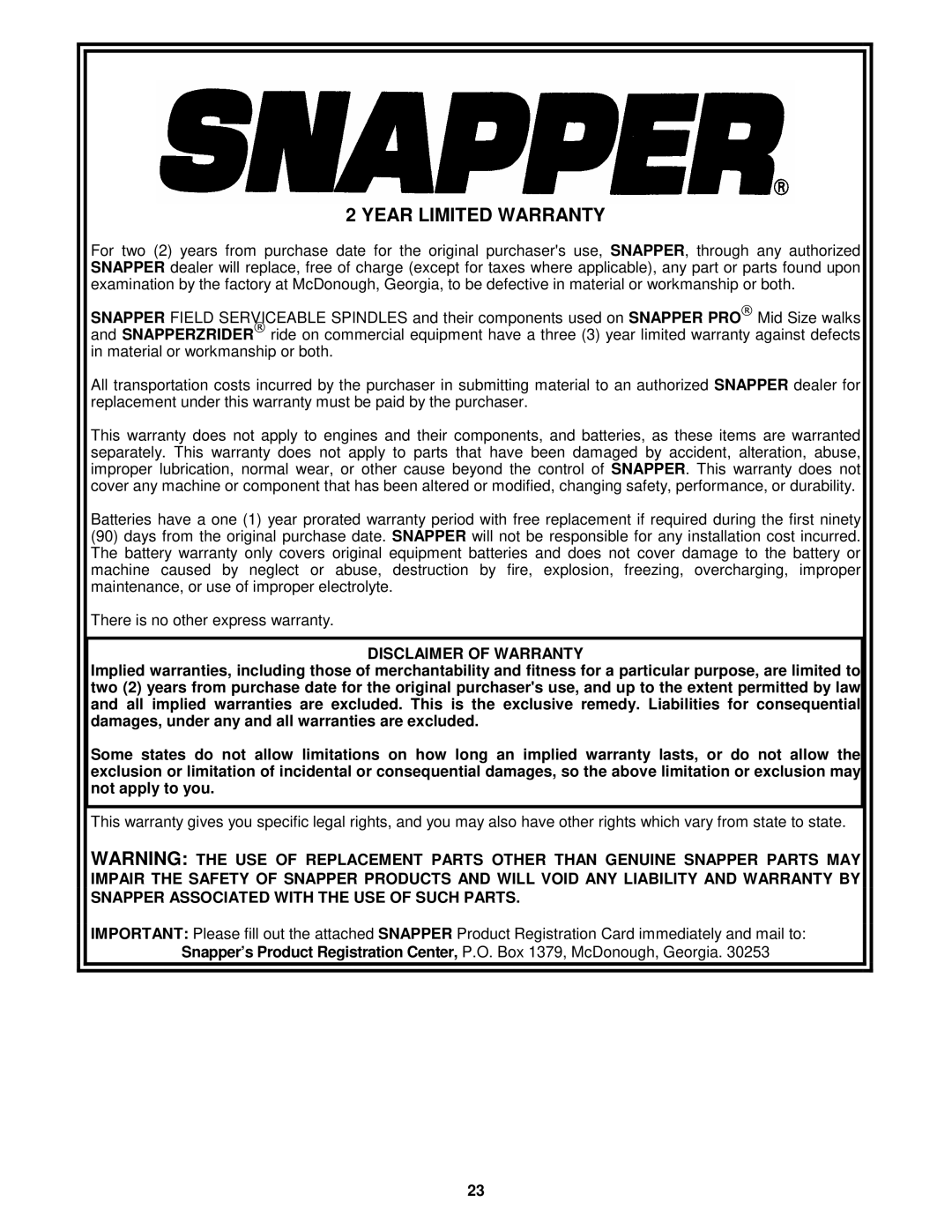 Snapper ZF2200K, ZF2500K, ZF2500KH, ZF5200M, ZF6100M Year Limited Warranty, Disclaimer of Warranty 