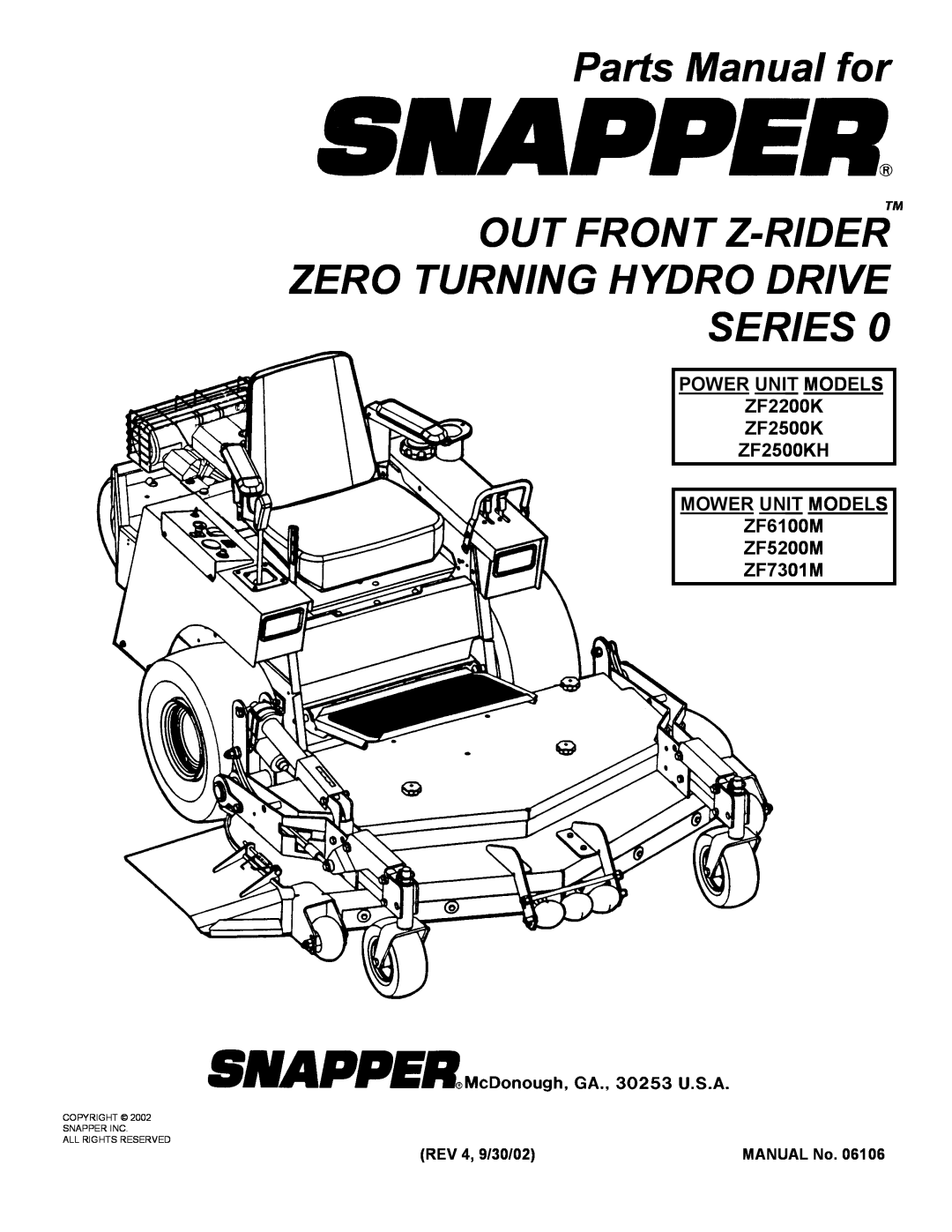 Snapper ZF2500KH, ZF2200K manual Parts Manual for OUT FRONT Z-RIDERTM, Zero Turning Hydro Drive Series 