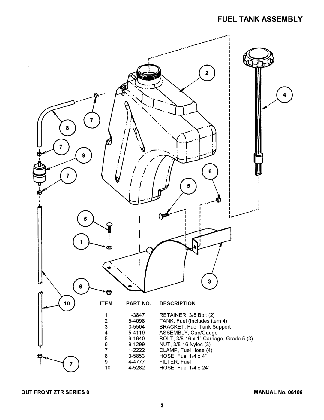 Snapper ZF2500KH, ZF2200K manual Fuel Tank Assembly, Part No. Description, Out Front Ztr Series, MANUAL No 