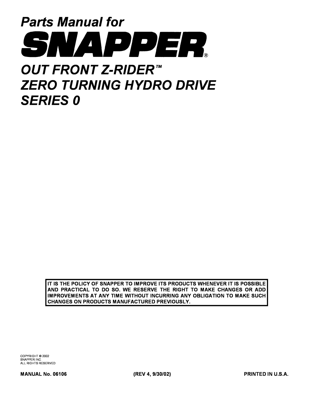 Snapper ZF2500KH, ZF2200K manual Parts Manual for OUT FRONT Z-RIDERTM, Zero Turning Hydro Drive Series, MANUAL No 
