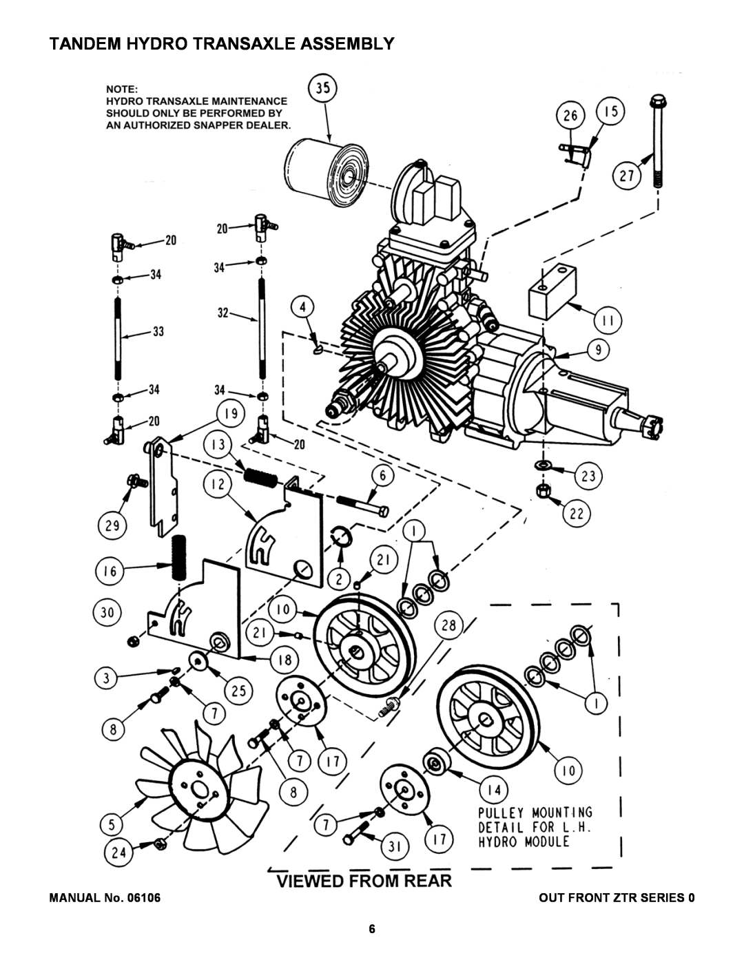 Snapper ZF2500KH, ZF2200K manual Tandem Hydro Transaxle Assembly, MANUAL No, Out Front Ztr Series 
