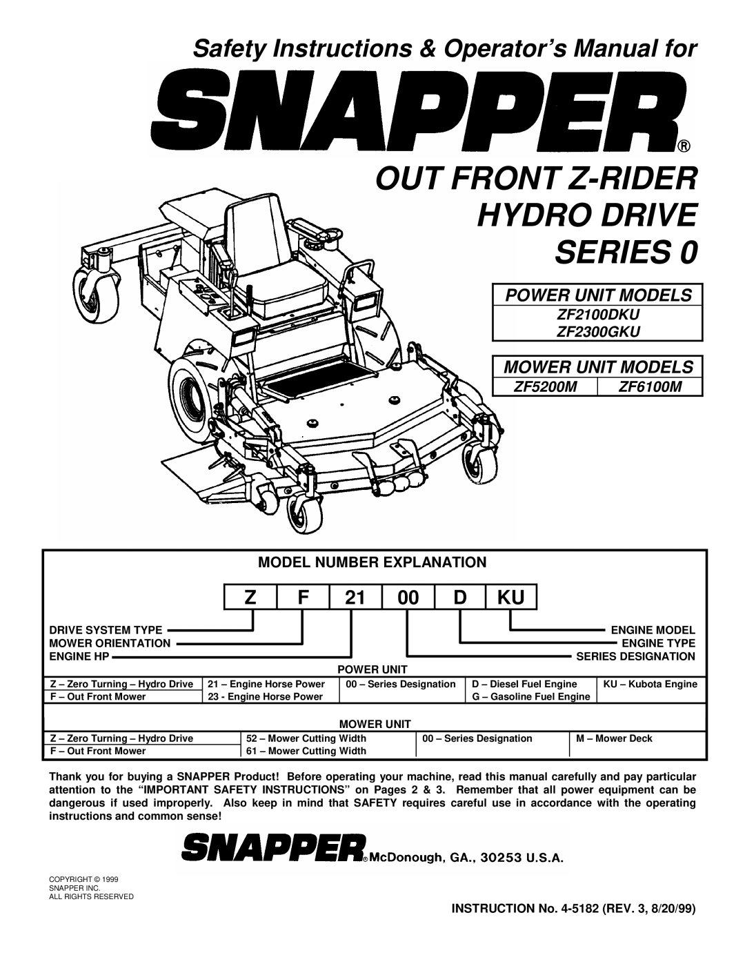 Snapper ZF2300GKU, ZF2100DKU, ZF5200M, ZF6100M important safety instructions OUT Front Z-RIDER Hydro Drive Series 