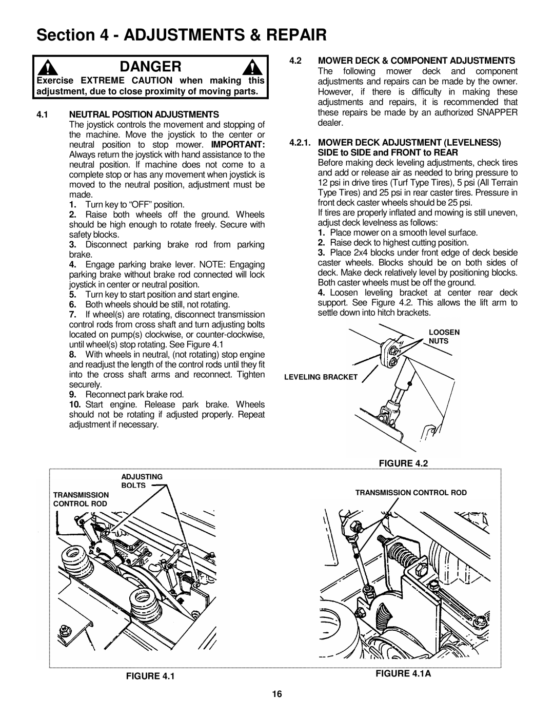 Snapper ZF2300GKU, ZF2100DKU, ZF5200M, ZF6100M Adjustments & Repair, Neutral Position Adjustments 