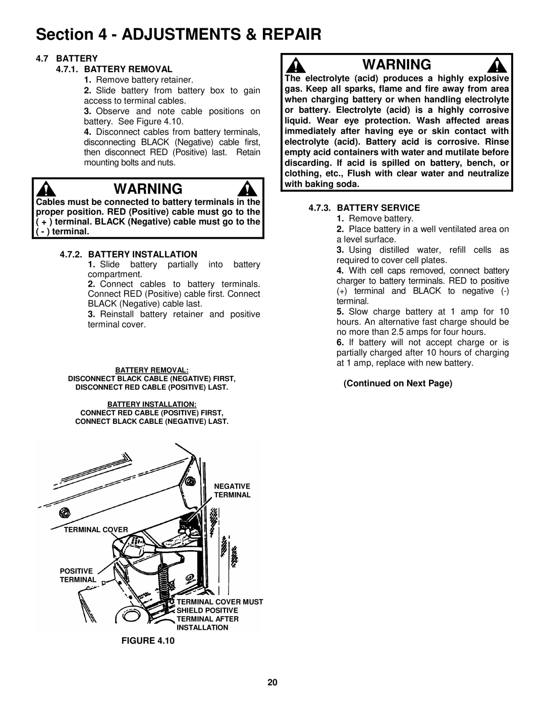 Snapper ZF2100DKU, ZF2300GKU, ZF5200M, ZF6100M Battery Battery Removal, Battery Installation, Battery Service 