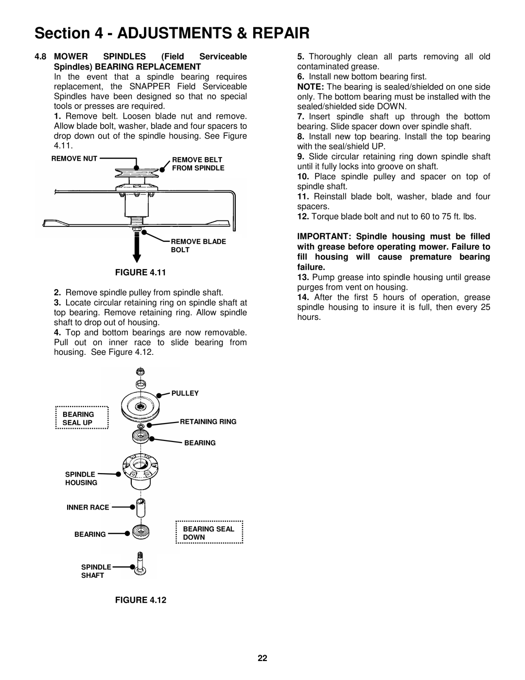 Snapper ZF2300GKU, ZF2100DKU, ZF5200M, ZF6100M Remove NUT Remove Belt From Spindle Remove Blade Bolt 