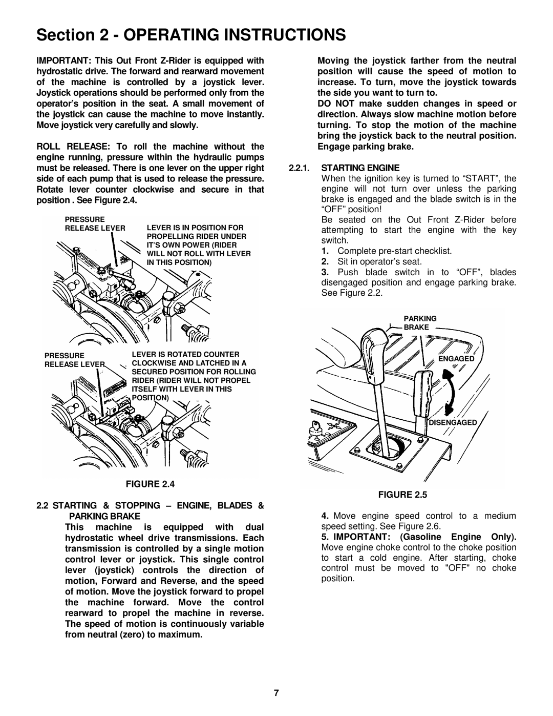 Snapper ZF2300GKU, ZF2100DKU, ZF5200M, ZF6100M Starting Engine, Starting & Stopping ENGINE, Blades Parking Brake 