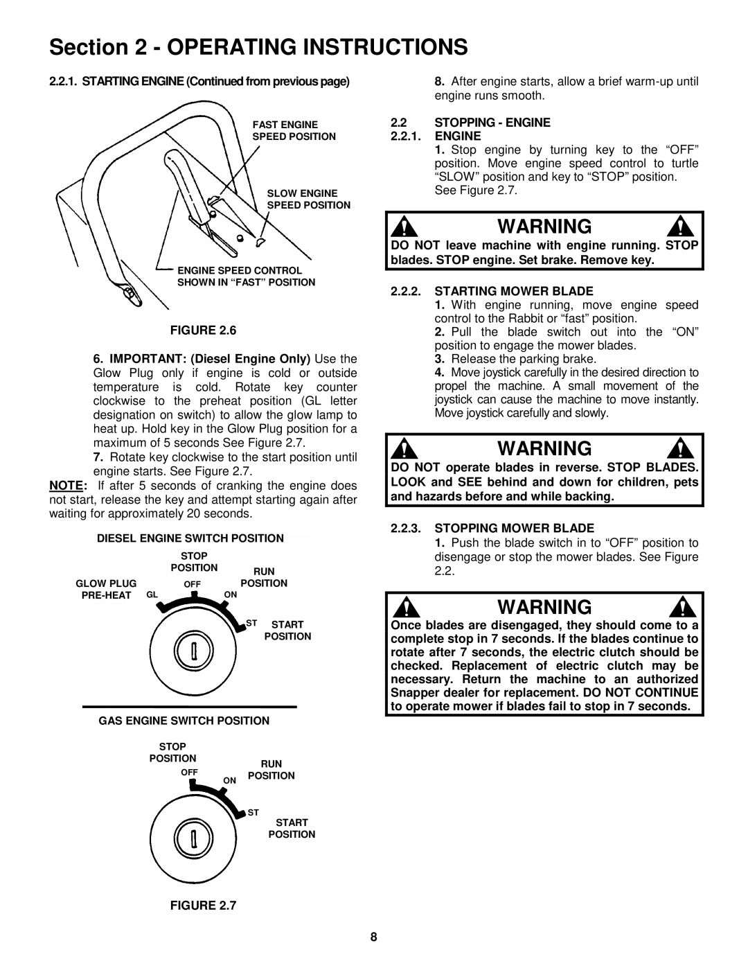 Snapper ZF2100DKU, ZF2300GKU, ZF5200M, ZF6100M Stopping Engine, Starting Mower Blade, Stopping Mower Blade 