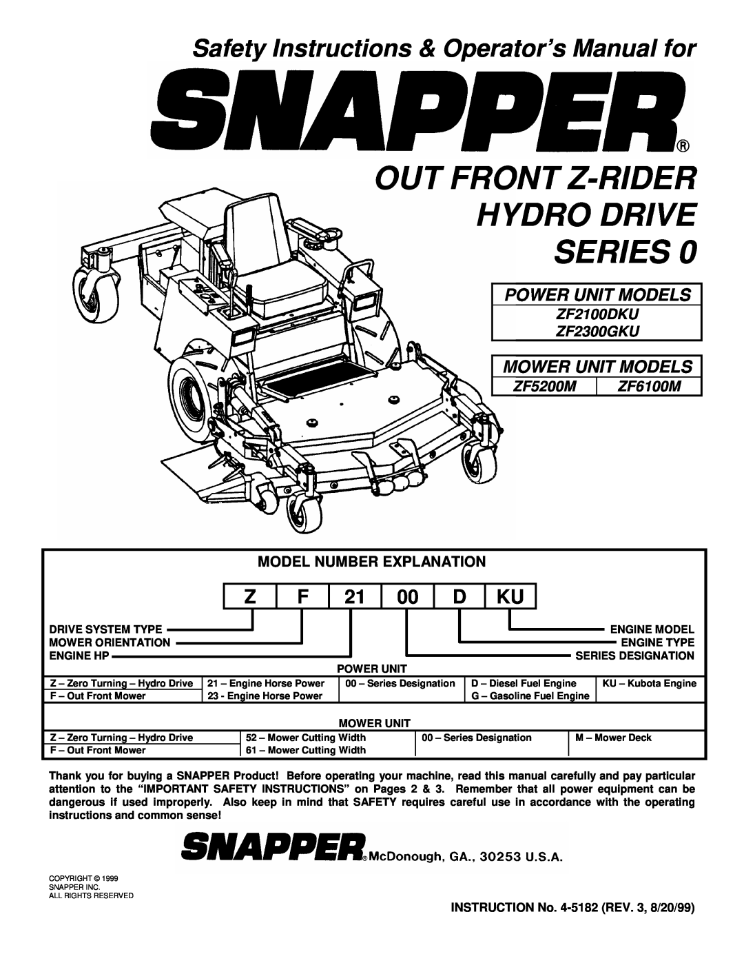 Snapper ZF2300GKU, ZF2100DKU, ZF5200M, ZF6100M important safety instructions Safety Instructions & Operator’s Manual for 