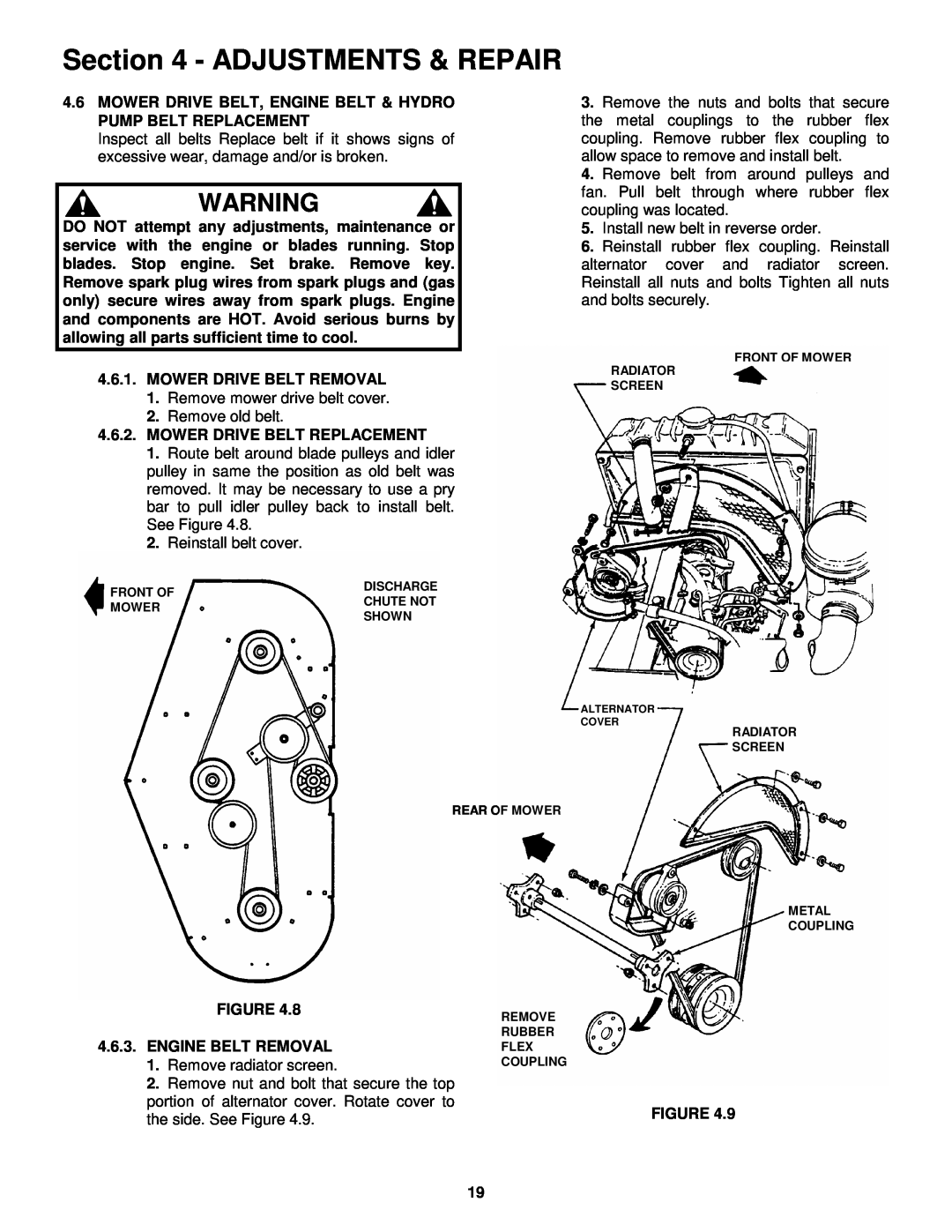 Snapper ZF2300GKU, ZF2100DKU, ZF5200M, ZF6100M important safety instructions Adjustments & Repair, Mower Drive Belt Removal 