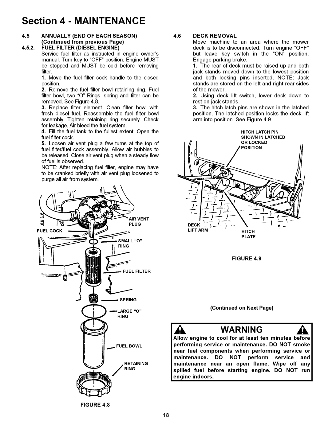 Snapper ZF2101DKU, ZF5201M, ZF6101M, ZF2301GKU important safety instructions Fuel Filter Diesel Engine, Deck Removal 