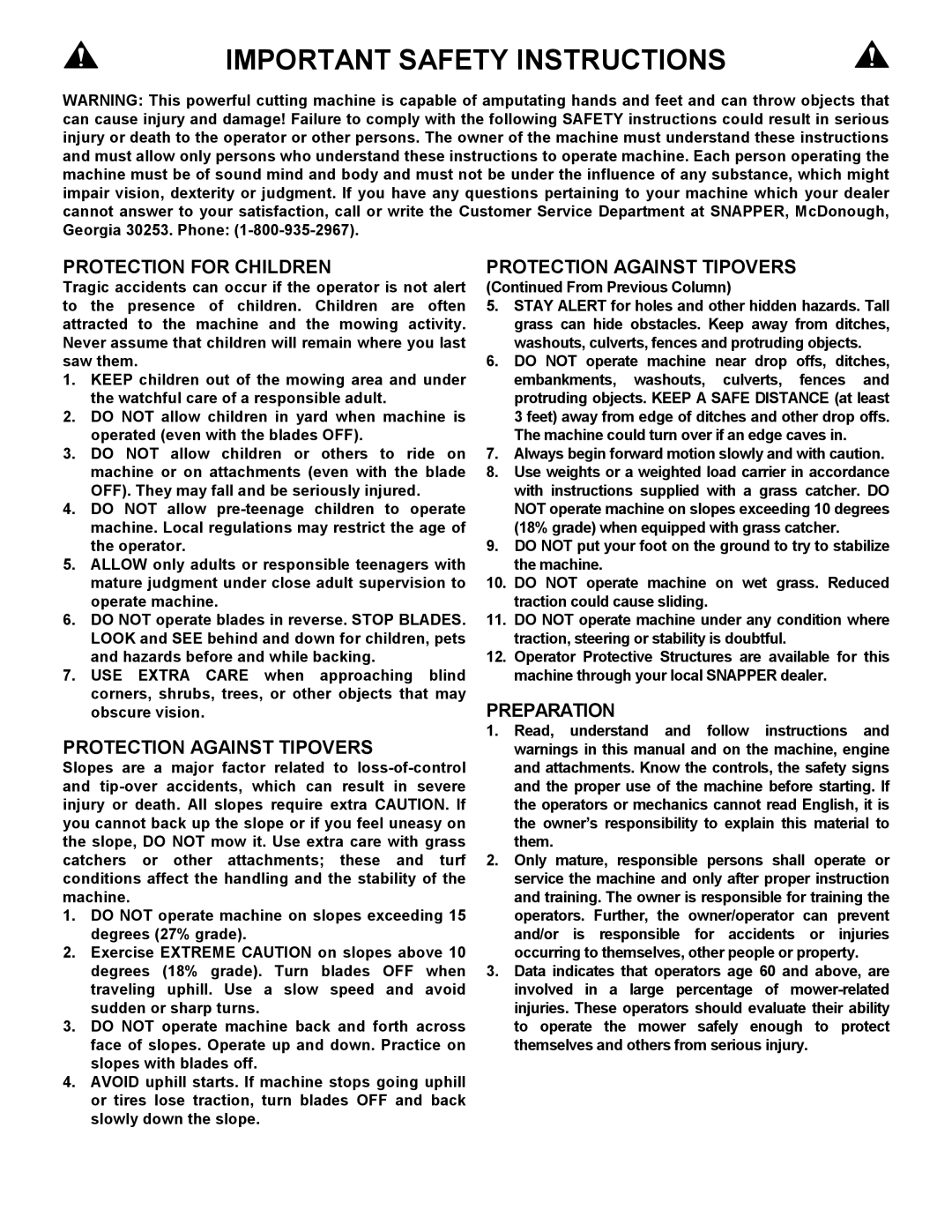 Snapper ZF2101DKU, ZF5201M, ZF6101M, ZF2301GKU important safety instructions Important Safety Instructions 