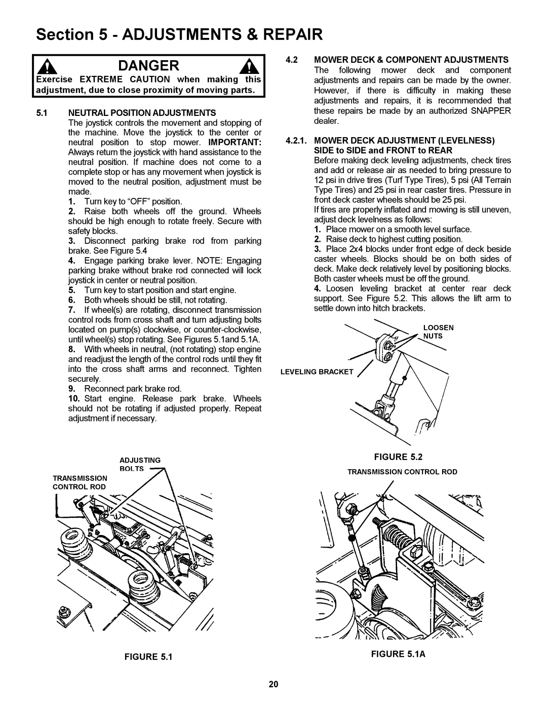 Snapper ZF5201M, ZF6101M, ZF2101DKU, ZF2301GKU Adjustments & Repair, Neutral Position Adjustments 