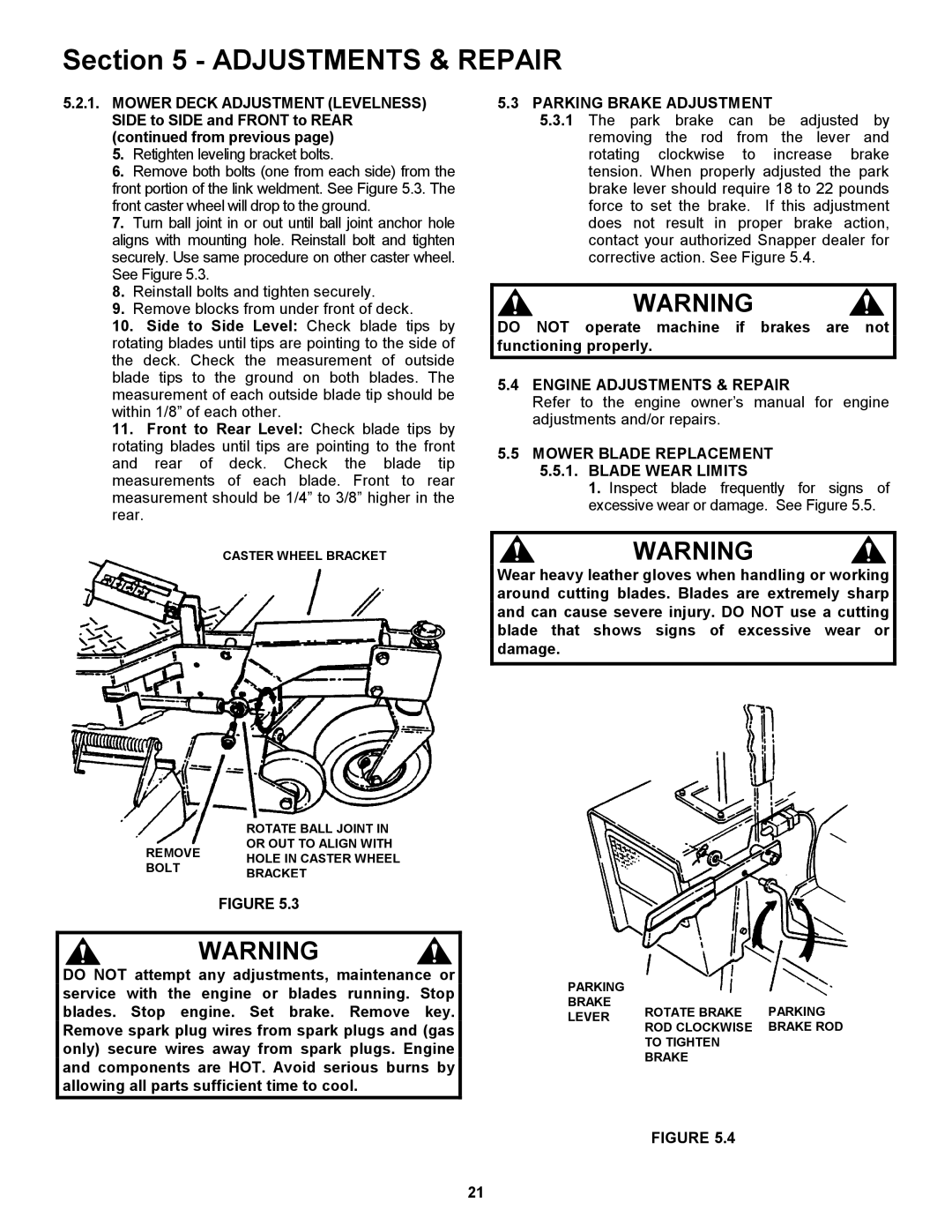 Snapper ZF6101M, ZF5201M, ZF2101DKU, ZF2301GKU important safety instructions Parking Brake Adjustment 