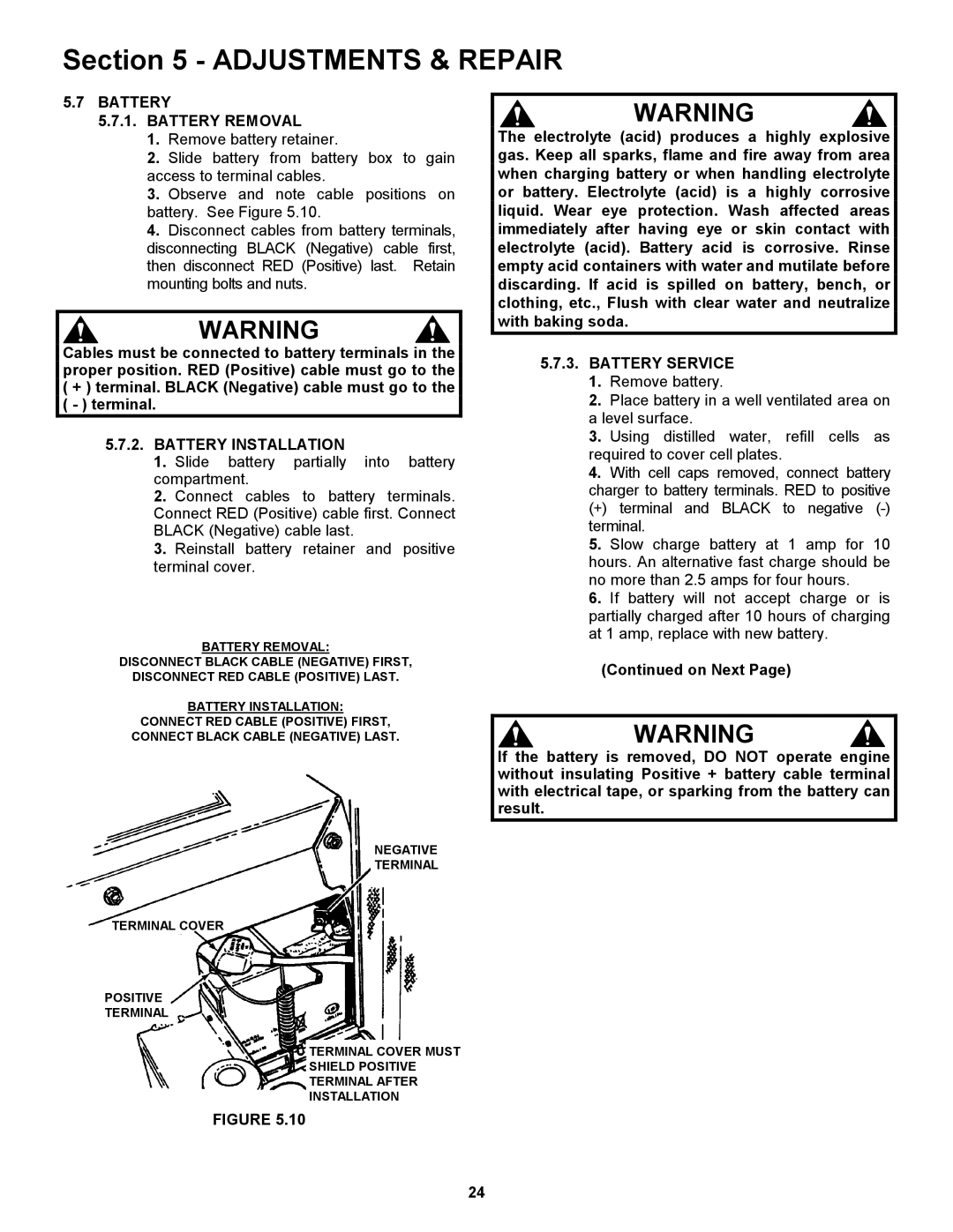 Snapper ZF5201M, ZF6101M, ZF2101DKU, ZF2301GKU Battery Battery Removal, Battery Installation, Battery Service 