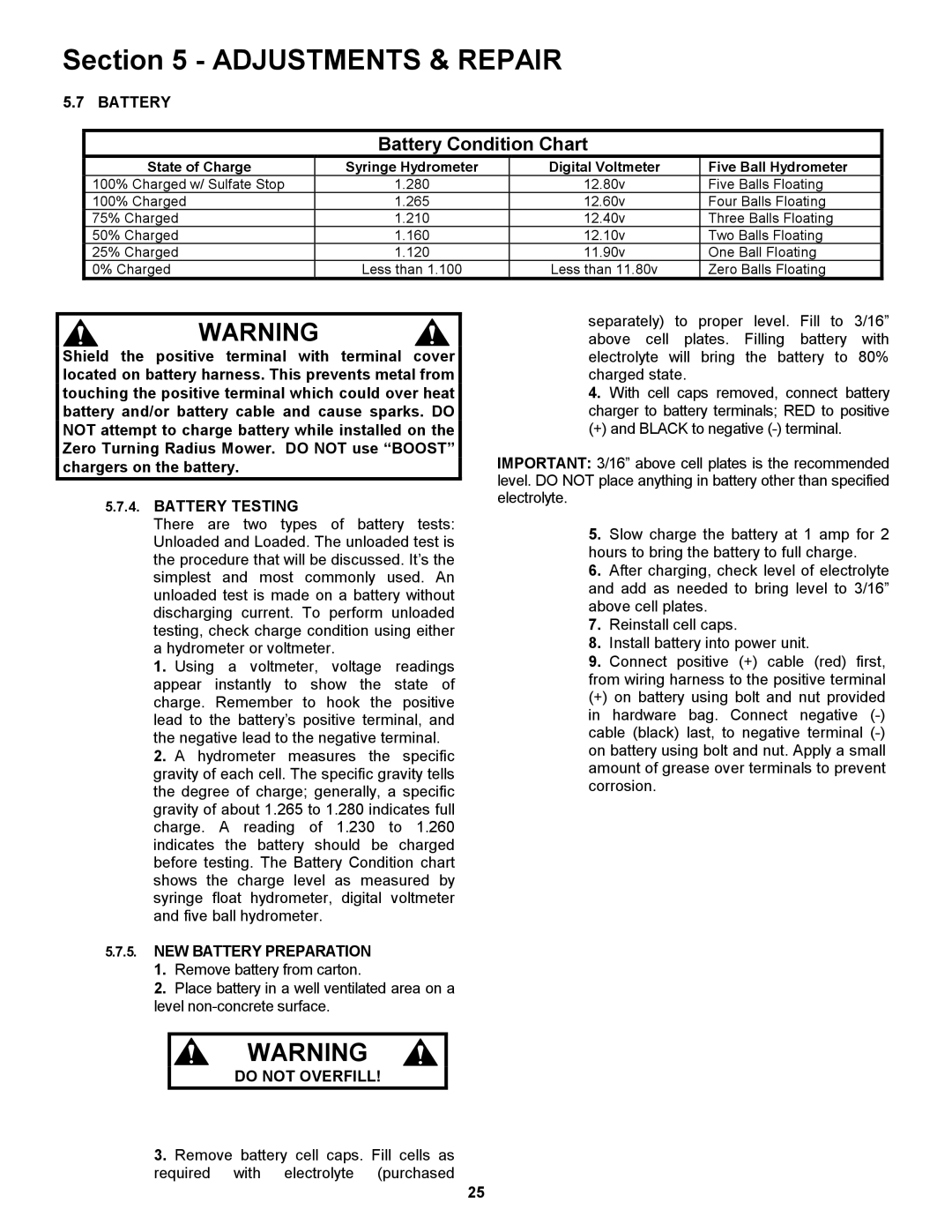 Snapper ZF6101M, ZF5201M, ZF2101DKU, ZF2301GKU Battery Testing, NEW Battery Preparation, Do not Overfill 