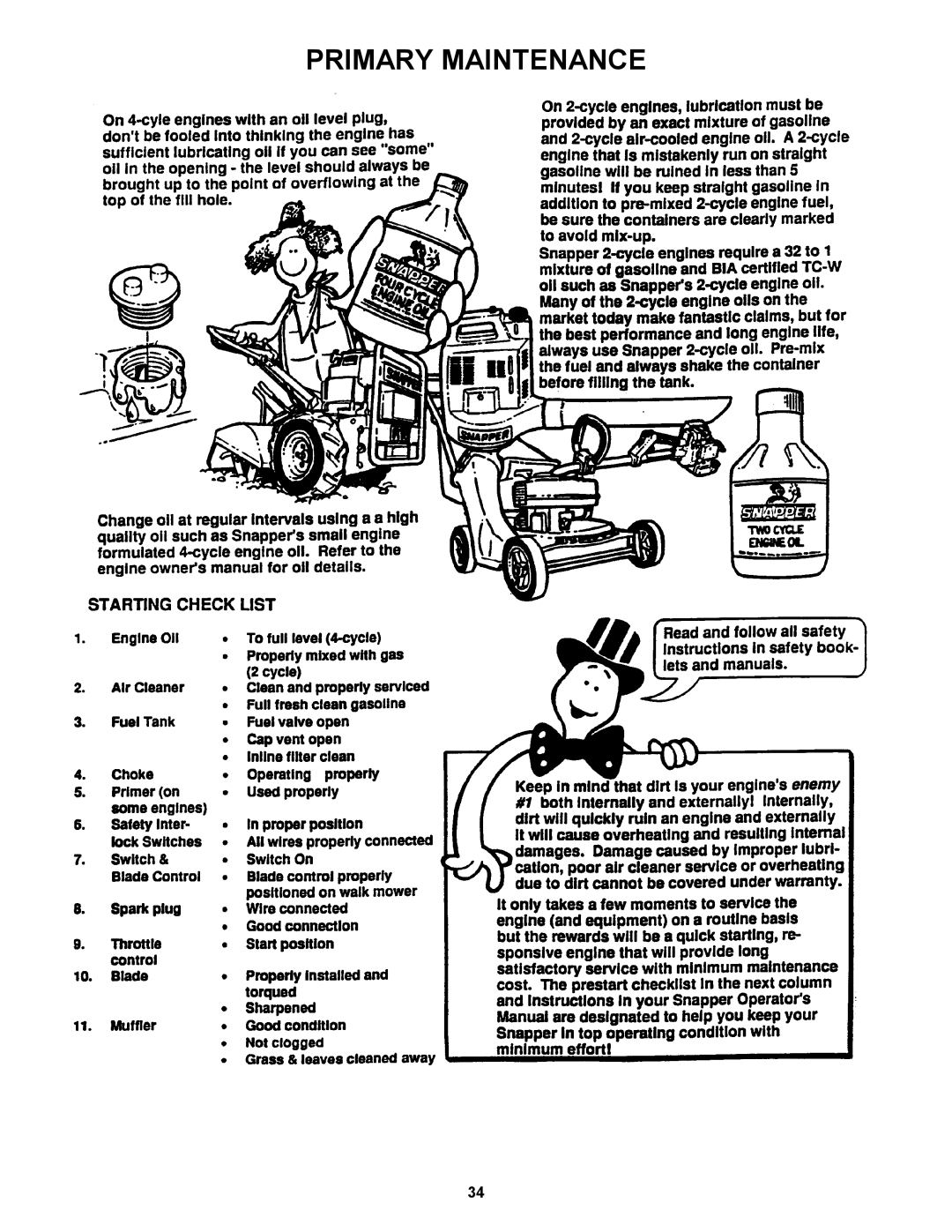 Snapper ZF2101DKU, ZF5201M, ZF6101M, ZF2301GKU important safety instructions Primary Maintenance 