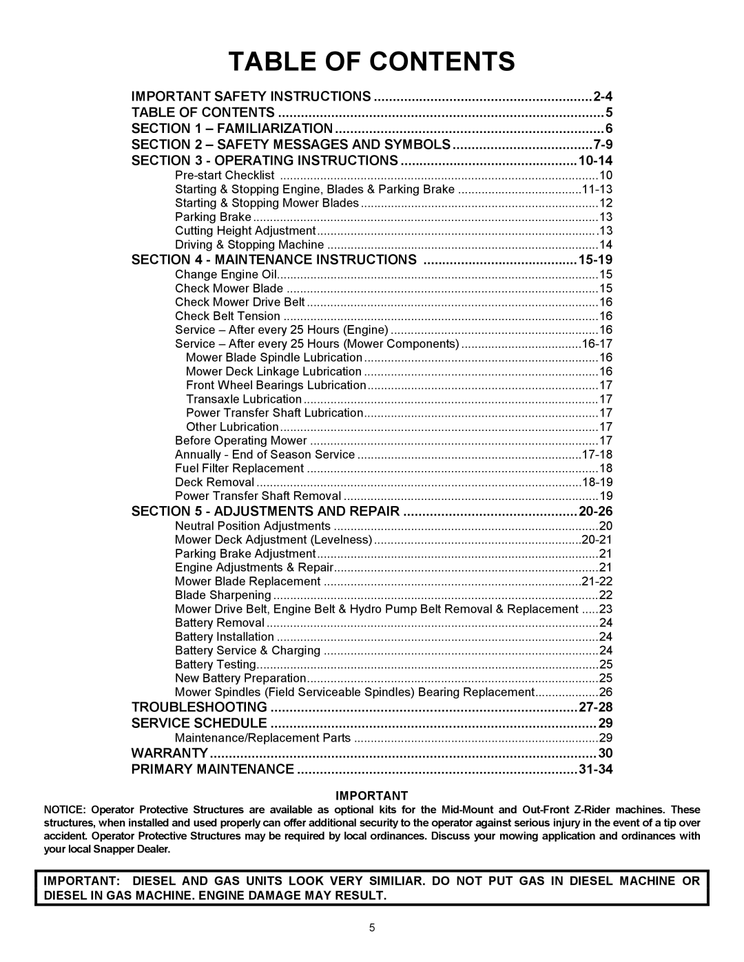 Snapper ZF6101M, ZF5201M, ZF2101DKU, ZF2301GKU important safety instructions Table of Contents 