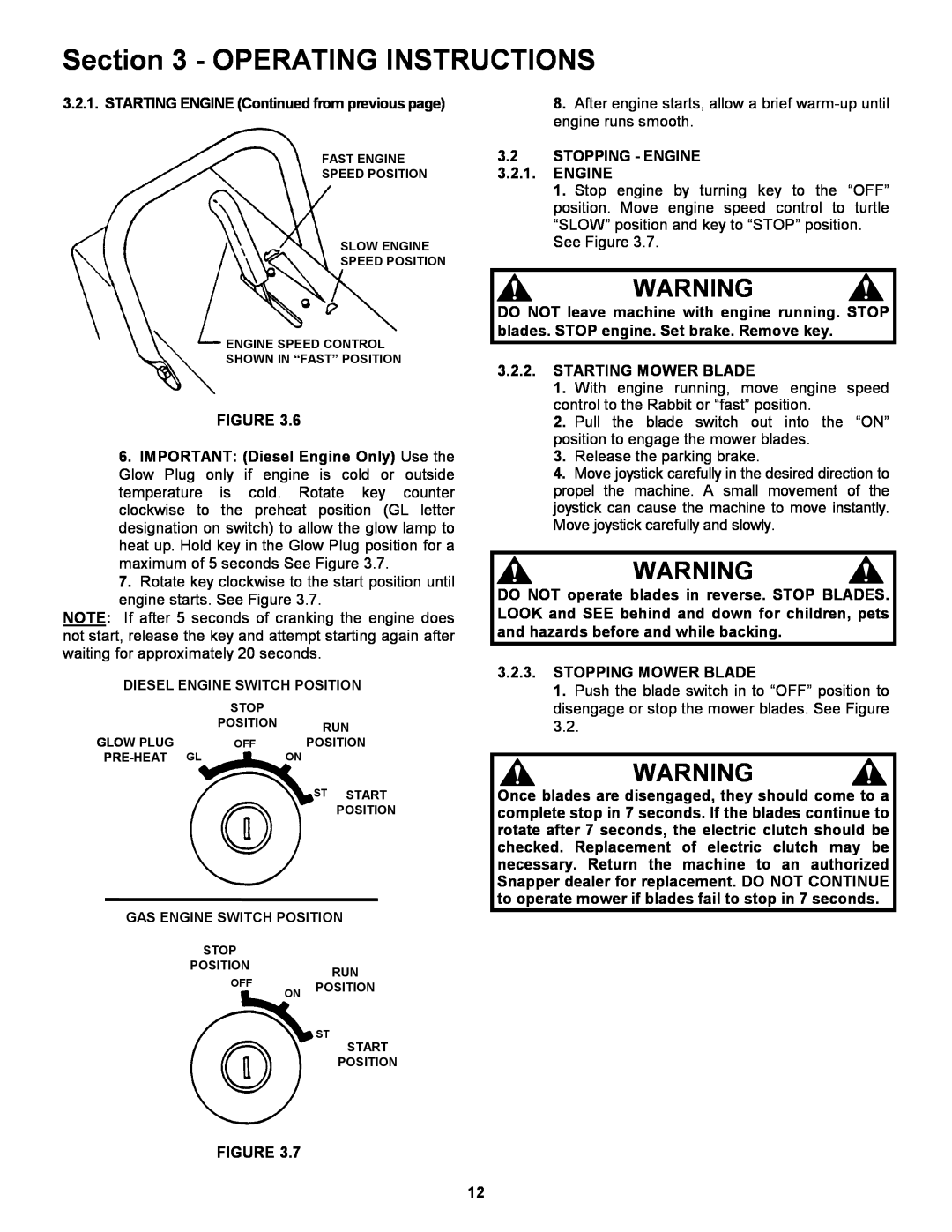 Snapper ZF5201M Operating Instructions, STARTING ENGINE Continued from previous page, STOPPING - ENGINE 3.2.1. ENGINE 