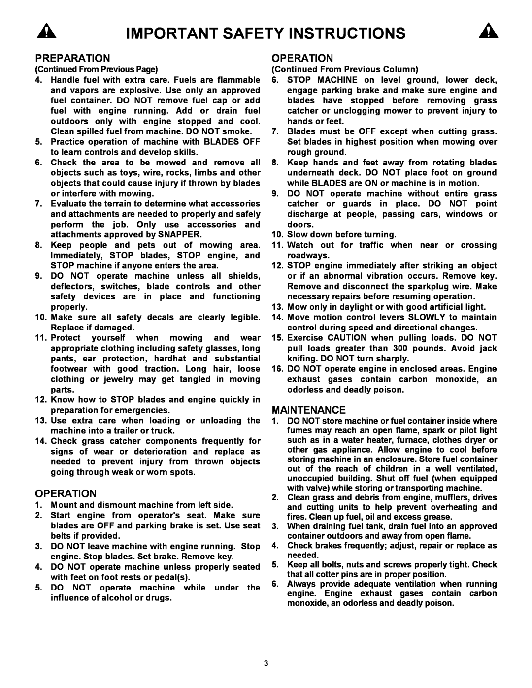 Snapper ZF2301GKU Operation, Maintenance, Important Safety Instructions, Preparation, Continued From Previous Page 