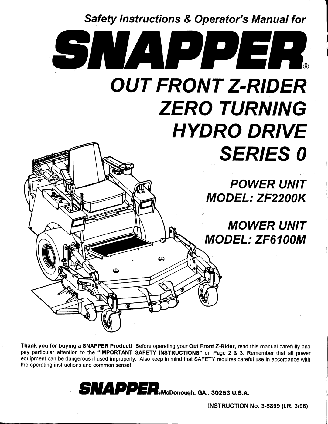 Snapper ZF6100M manual 