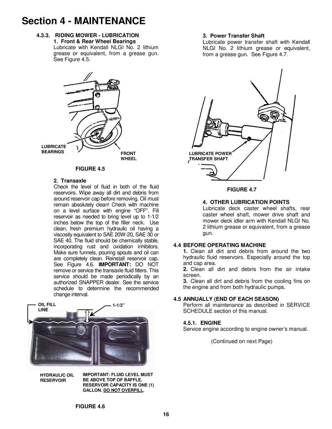 Snapper ZF2501KH, ZF5201M, ZF6101M Riding Mower Lubrication, Transaxle, Before Operating Machine 