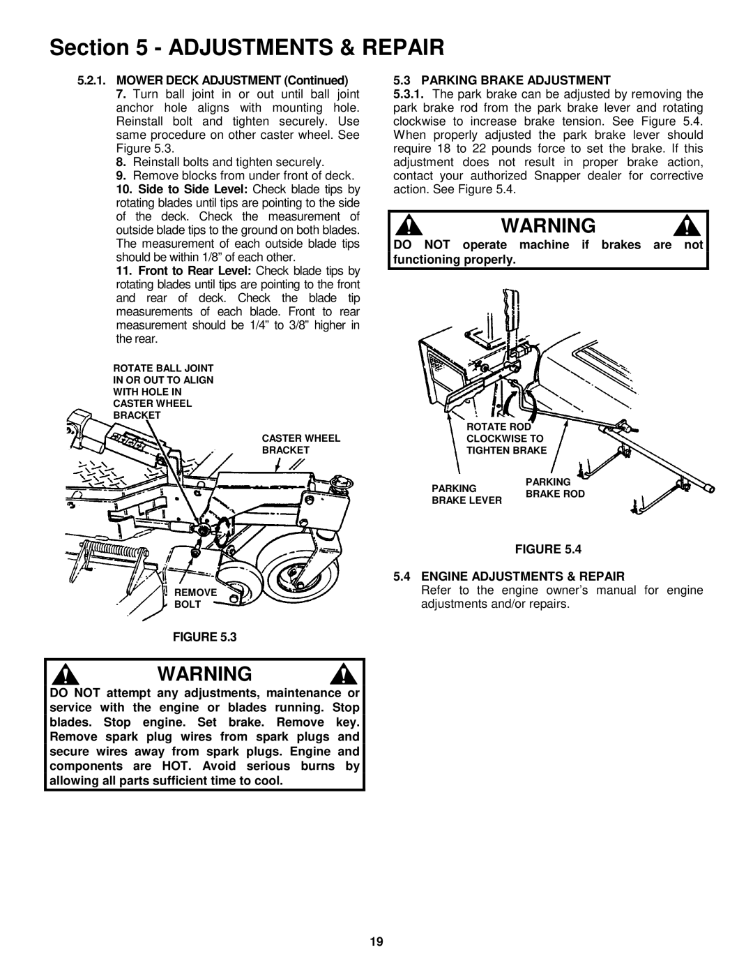 Snapper ZF2501KH, ZF5201M, ZF6101M Mower Deck Adjustment, Parking Brake Adjustment, Engine Adjustments & Repair 