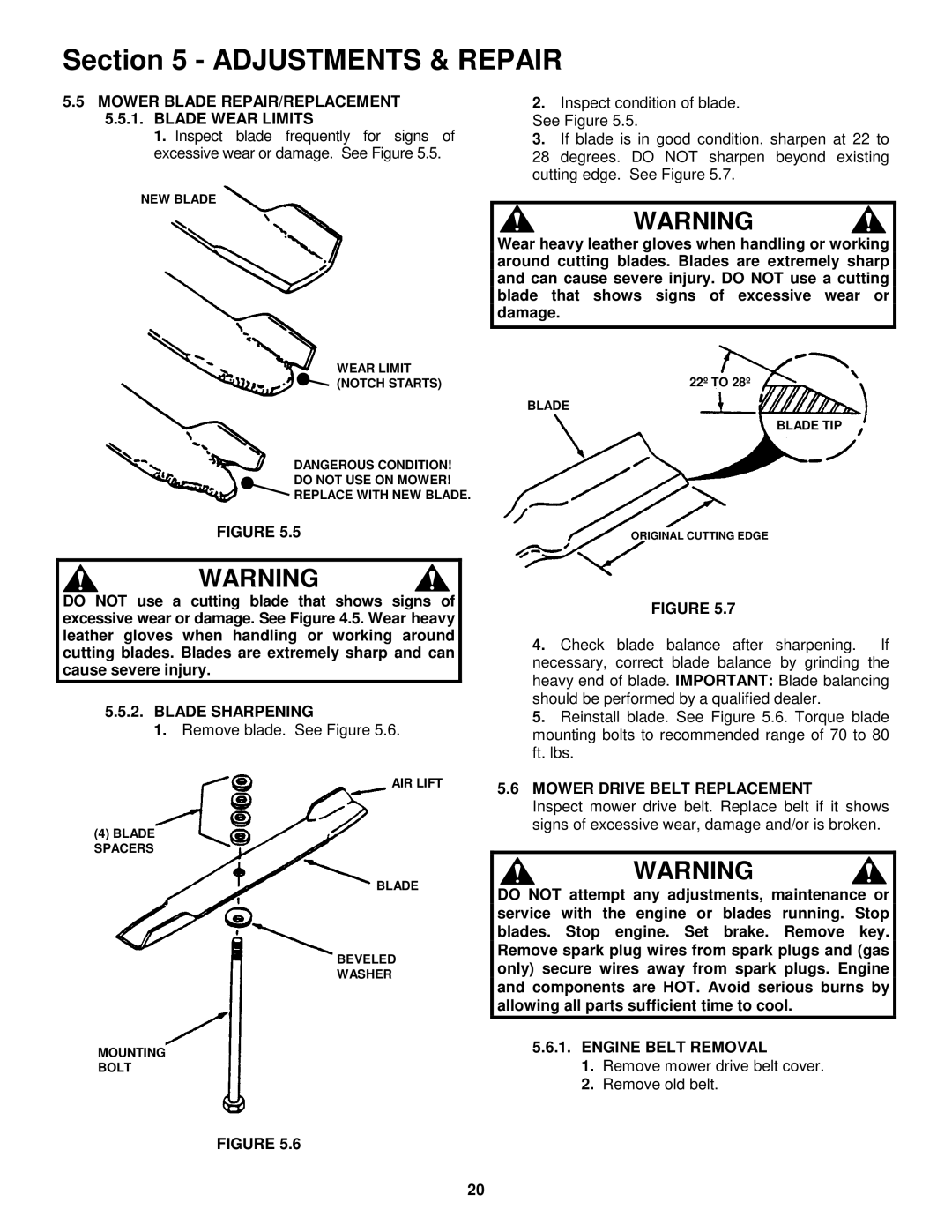 Snapper ZF5201M, ZF2501KH, ZF6101M Mower Blade REPAIR/REPLACEMENT Blade Wear Limits, Blade Sharpening, Engine Belt Removal 