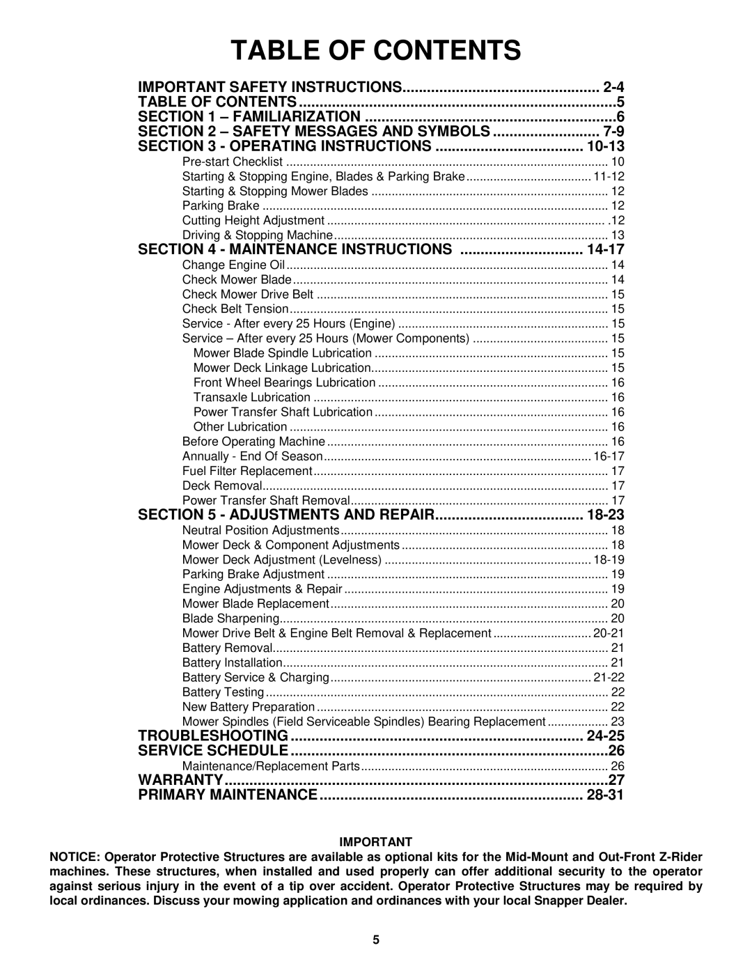 Snapper ZF5201M, ZF2501KH, ZF6101M, ZF6101M, ZF2501KH, ZF5201M, ZF2501KH, ZF5201M, ZF6101M Table of Contents 