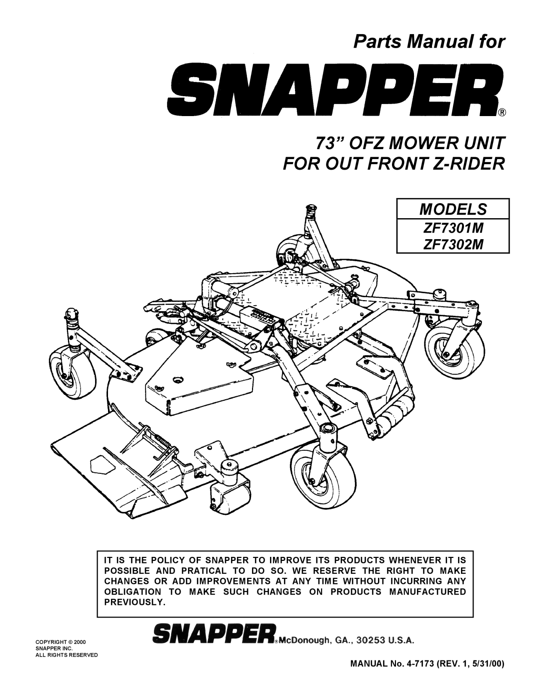 Snapper ZF7301M, ZF7302M manual Parts Manual for 