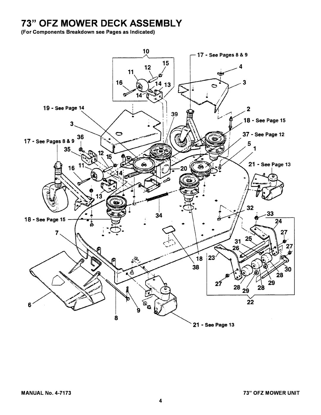 Snapper ZF7302M, ZF7301M 73” OFZ MOWER DECK ASSEMBLY, For Components Breakdown see Pages as Indicated, 73” OFZ MOWER UNIT 