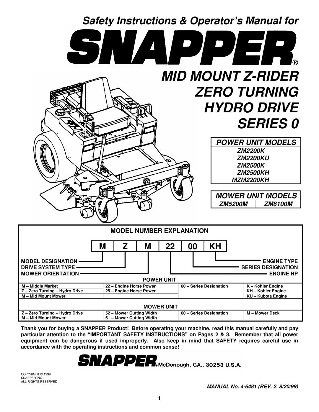 Snapper ZM2200K, ZM2200KU, ZM2500K, ZM2500KH, MZM2200KH, ZM5200M, ZM6100M important safety instructions Mower Unit 