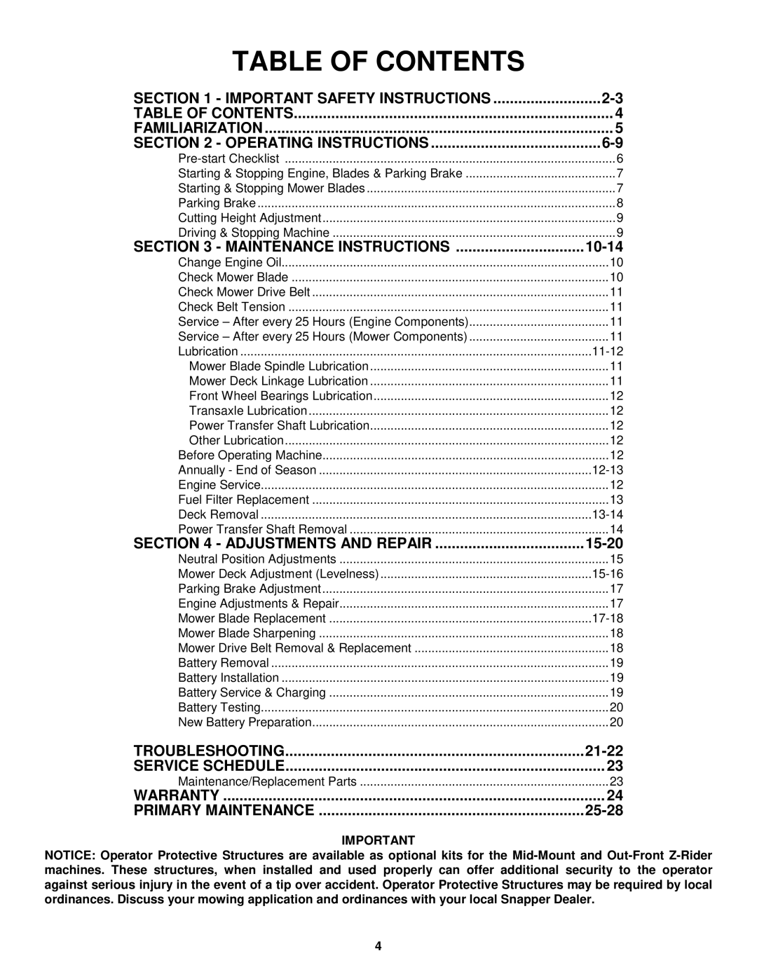 Snapper ZM2500K, ZM2200K, ZM2200KU, ZM2500KH, MZM2200KH ZM522M, ZM6100M important safety instructions Table of Contents 