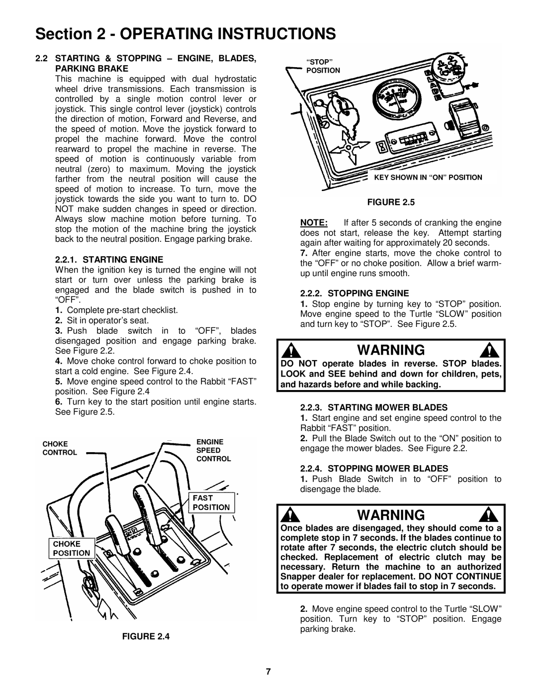 Snapper ZM2200K, ZM2200KU, ZM2500K, ZM2500KH, MZM2200KH, ZM5200M, ZM6100M Starting Engine, Stopping Engine 