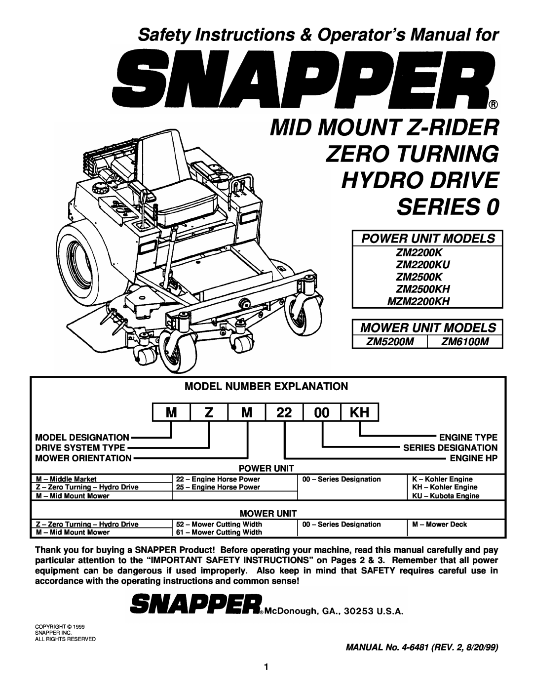 Snapper ZM2200K, ZM2200KU, ZM2500K, ZM2500KH, MZM2200KH, ZM5200M, ZM6100M important safety instructions Power Unit Models 