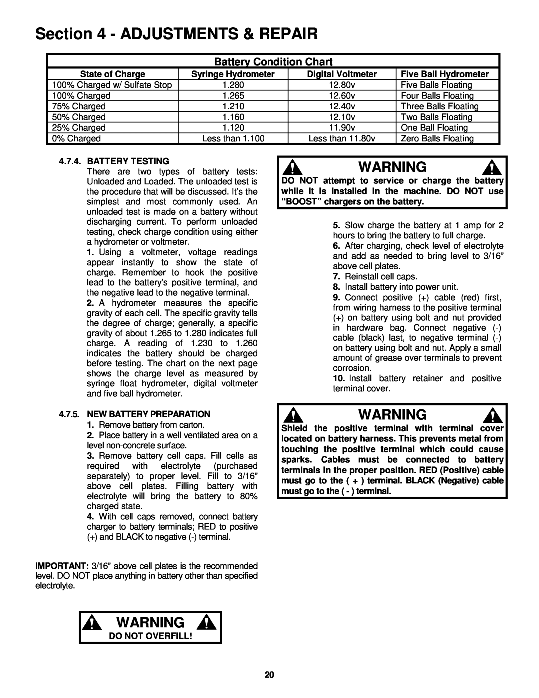 Snapper ZM2500K, ZM2200K, ZM2200KU, ZM2500KH, MZM2200KH ZM522M, ZM6100M Adjustments & Repair, Battery Condition Chart 