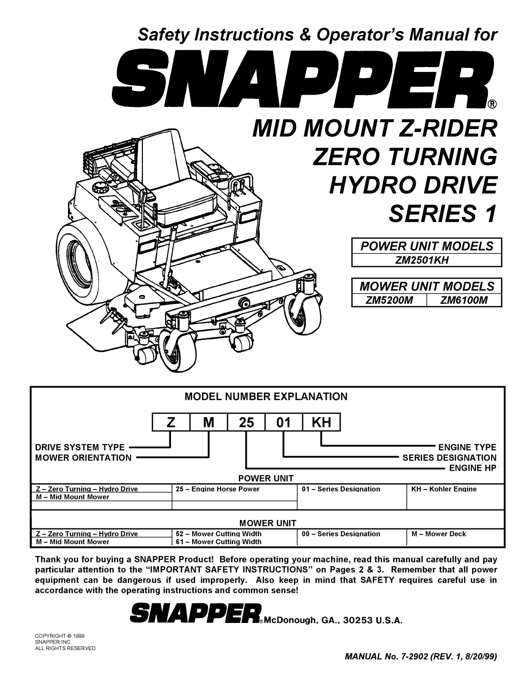 Snapper ZM2501KH, ZM5201M, ZM6101M important safety instructions Model Number Explanation, Mower Unit 