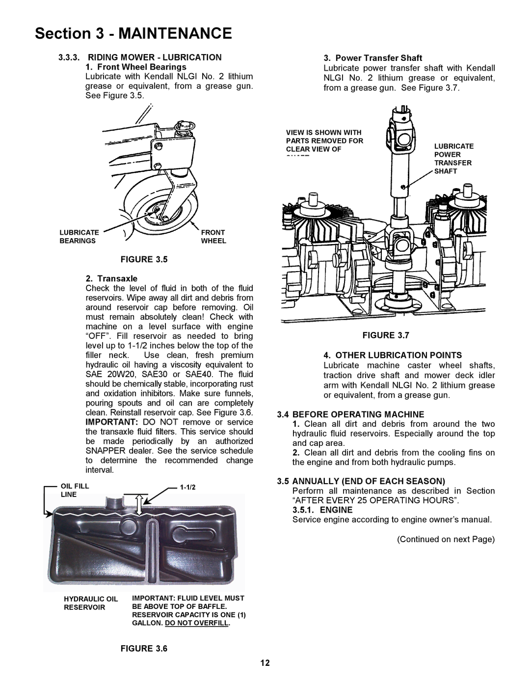 Snapper ZM6100M, ZM2501KH, ZM5200M Riding Mower Lubrication, Before Operating Machine, Annually END of Each Season 