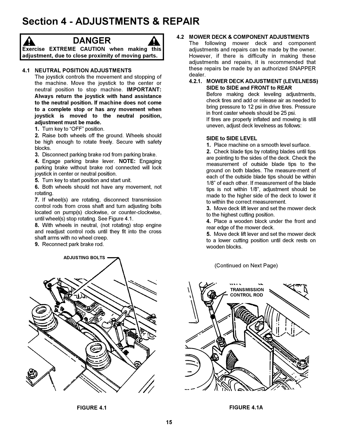 Snapper ZM6100M, ZM2501KH, ZM5200M, ZM2501KH, ZM5201M, ZM6101M Neutral Position Adjustments, Side to Side Level 