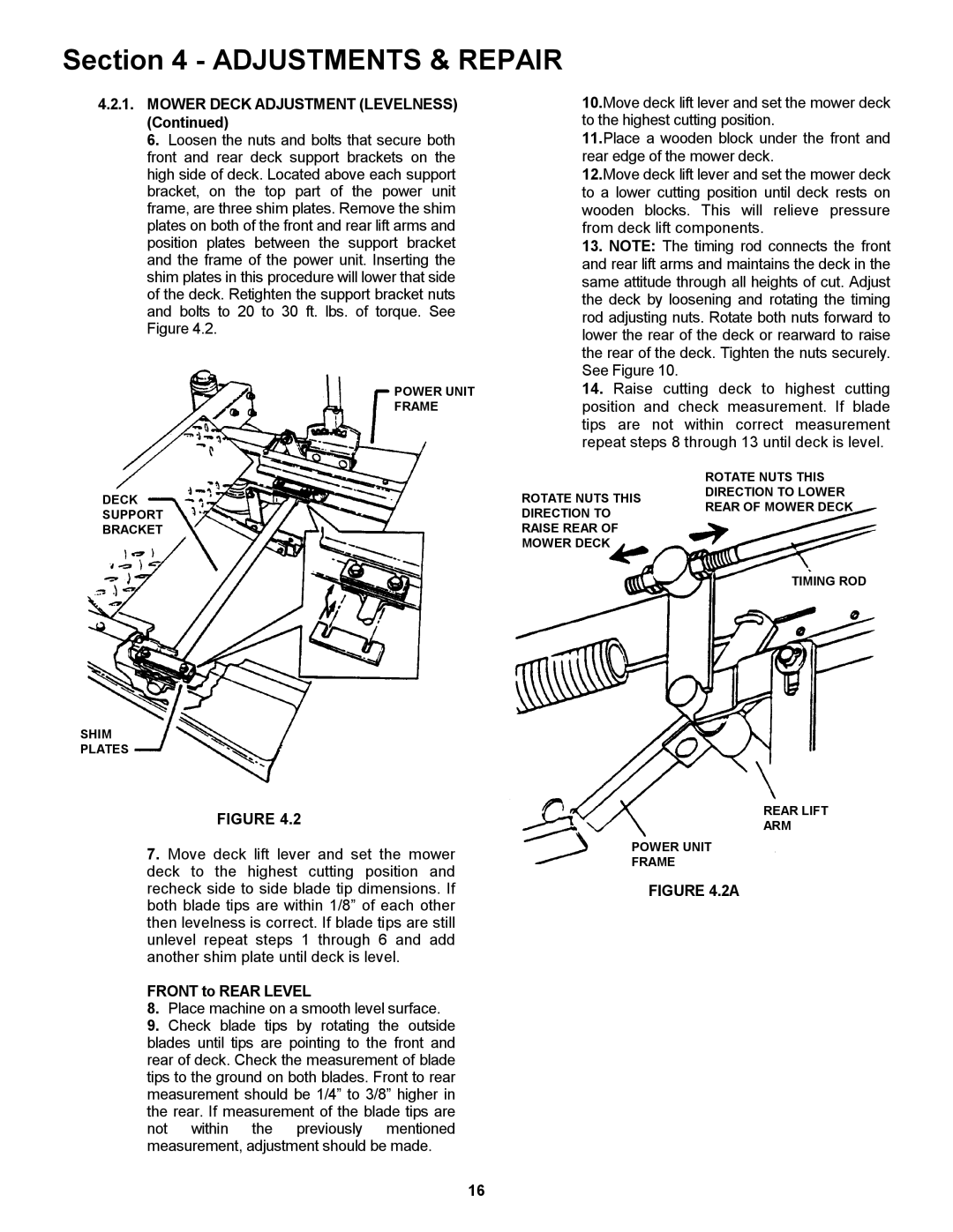 Snapper ZM2501KH, ZM5201M, ZM6101M, ZM6100M, ZM2501KH, ZM5200M Mower Deck Adjustment Levelness, Front to Rear Level 