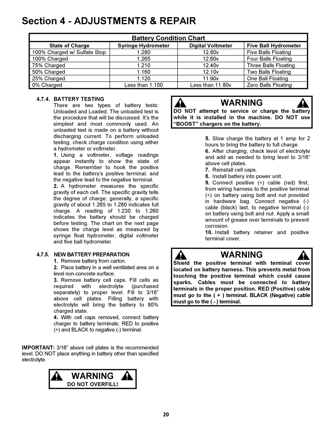 Snapper ZM5200M, ZM2501KH, ZM6100M, ZM6100M, ZM2501KH, ZM5200M Battery Testing, NEW Battery Preparation, Do not Overfill 